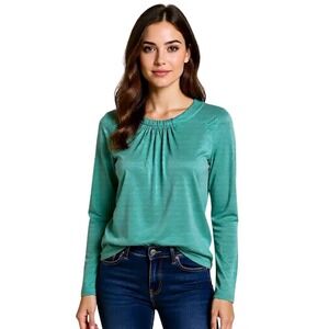 Kenneth Cole New York Green Gathered‎ Neck Long Sleeve Blouse Top Women's Lg NWT
